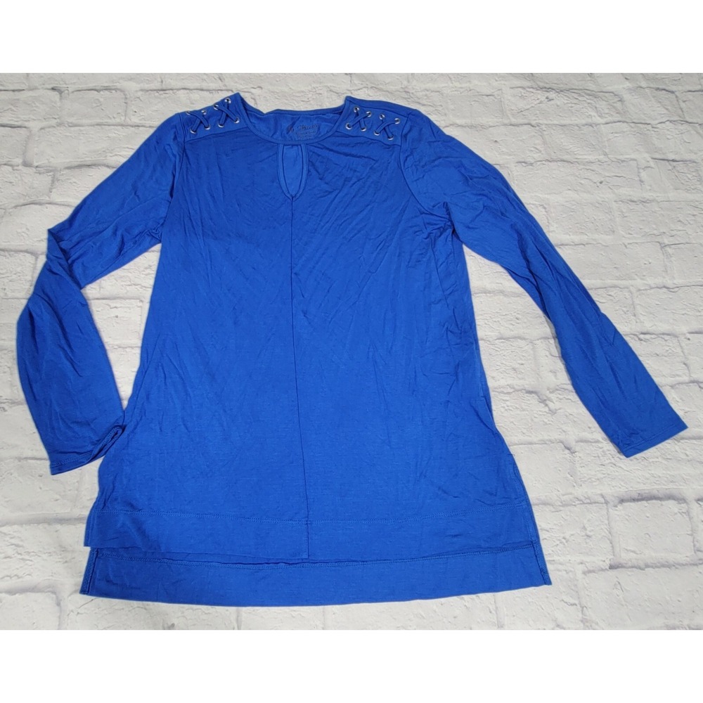 Chico's Royal Blue Long Sleeve Shirt Blouse Lace Up Sleeves Peek a Boo‎ Top sz 1